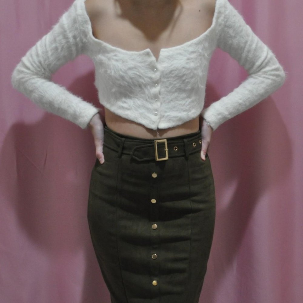 Urban Outfitters White, Cropped Angora Sweater with Pearl Buttons (XS)